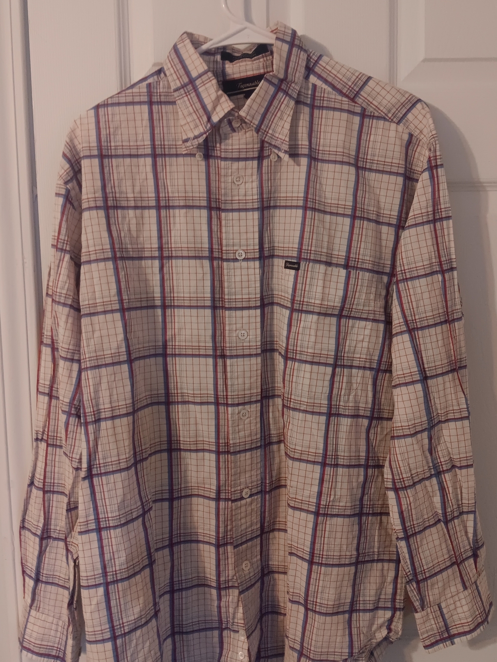 Button-Down Plaid Casual Shirt - Cream with Blue & Red Check (114)